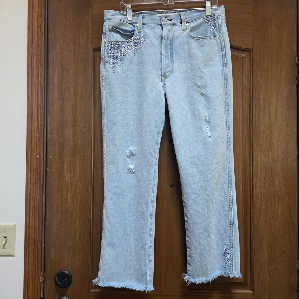 AMO Blue Straight Leg Jeans with Distressed Details Size 31